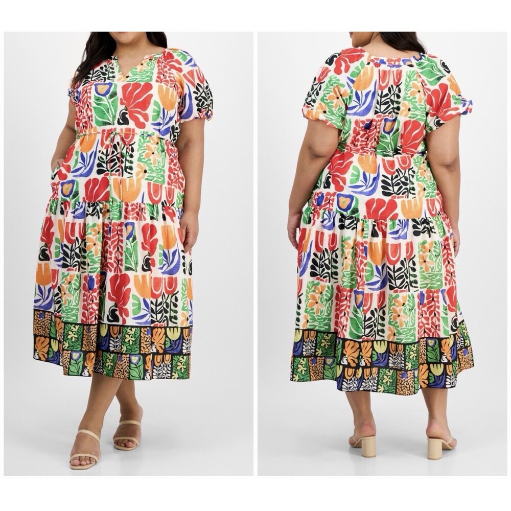 Julia Jordan Plus Size Belt Puff-Sleeve Printed Floral Ivory Maxi Midi Dress 18W